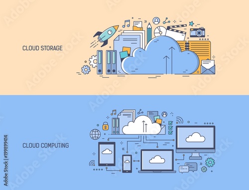 Collection of horizontal banner templates with networked electronic devices and office supplies. Cloud computing technology, information, files or data storage service. Colorful vector illustration.
