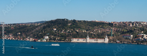 Turkish military submarine passing through the Bosphorus in front of Kuleli Military High School. The photo taken from Istanbul's 15 July Martyrs Bridge on April 7, 2018.