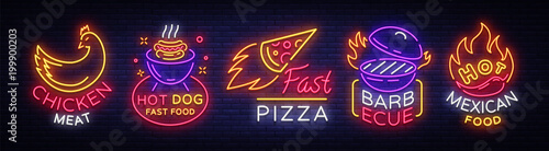 Bright neon symbols for food. Collection Design Elements, Neon Signs for Food, Chicken Meat, Hot Dog Fast Food, Fast Pizza, Barbecue, Hot Mexican Food.Vector Illustration