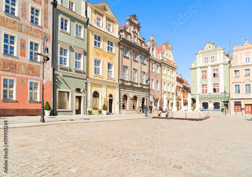 facades of medieval houses on the central market square in Poznan, Poland