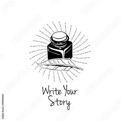 ink bottle doodle. writer badge.  illustration isolated on white