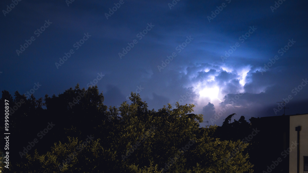 Thunder clouds with lightnings over a tree in an urban area (Padova) 