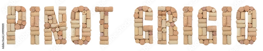 Grape variety Pinot grigio made of wine corks Isolated on white background