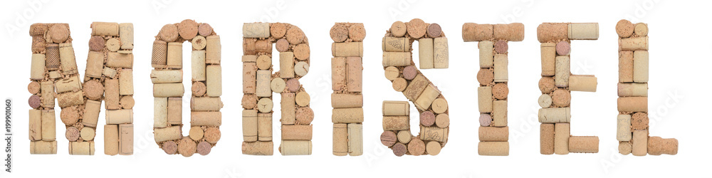 Grape variety Moristel made of wine corks Isolated on white background