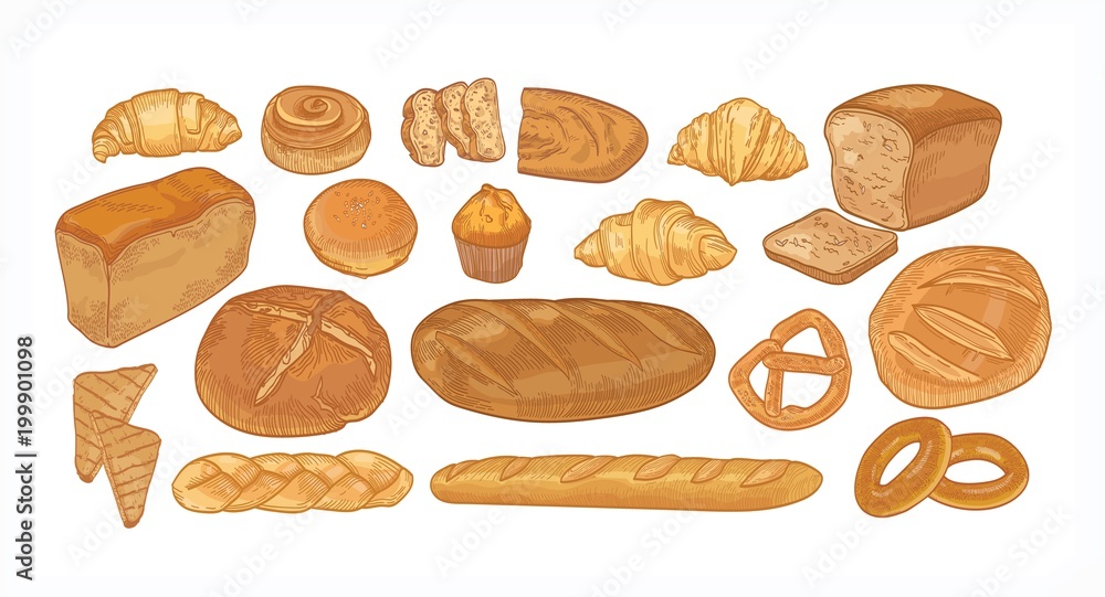 Set of breads and baked products of various types, shapes and sizes isolated on white background - loaf, bun, croissant, toast, muffin, pretzel. Hand drawn vector illustration in vintage style. Set of breads and baked products of various types, shapes and sizes isolated on white background - loaf, bun, croissant, toast, muffin, pretzel. Hand drawn vector illustration in vintage style.