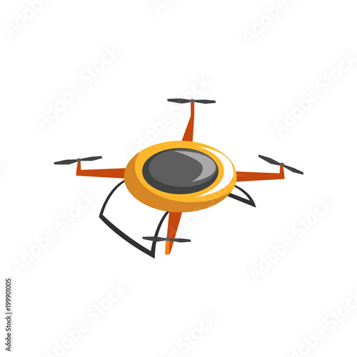 Flat vector icon of electric quadrocopter. Radio controlled drone with four rotor blades. Unmanned aerial device. Modern technology