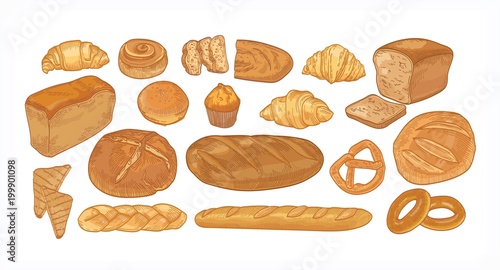 Set of breads and baked products of various types, shapes and sizes isolated on white background - loaf, bun, croissant, toast, muffin, pretzel. Hand drawn vector illustration in vintage style.