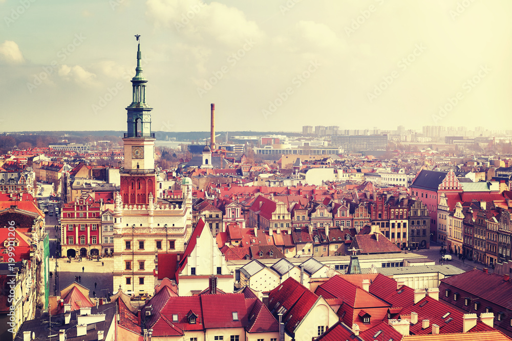 Aerial view of the Poznan Old Town, vintage color toned picture, Poland.