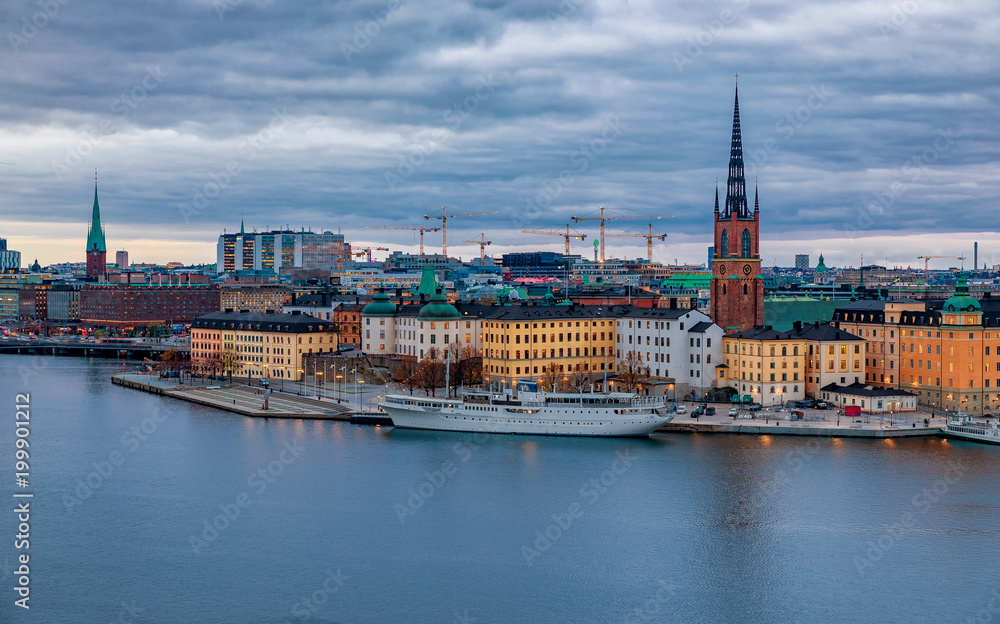 Panoramic view onto Stockholm old town Gamla Stan and Riddarholmen church in Sweden