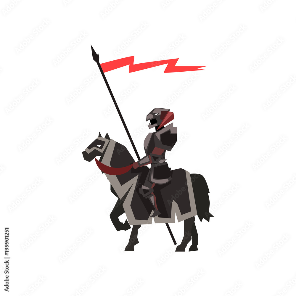 Medieval knight riding horse. Royal guard in black armor with red flag ...