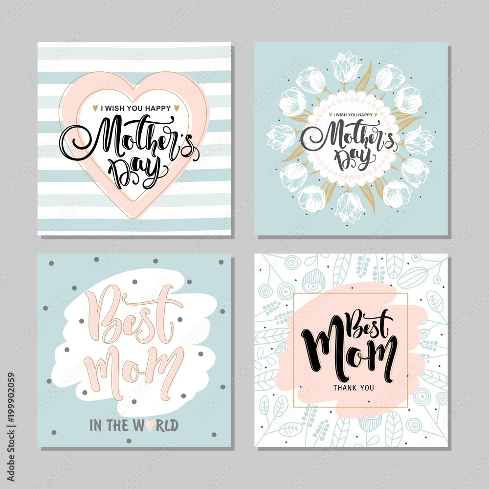 Set of postcards for mother's Day with flowers and modern calligraphy. Vector illustration. Set of postcards for mother's Day with flowers and modern calligraphy. Vector illustration.