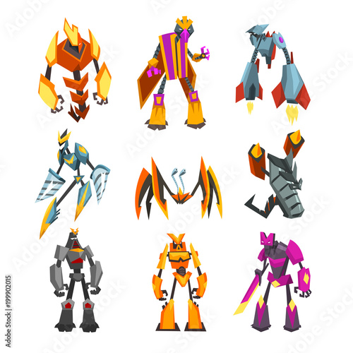 Flat vector set of bright-colored transformer robots. Futuristic monsters with metal body. Strong cyborgs. Fantasy warriors