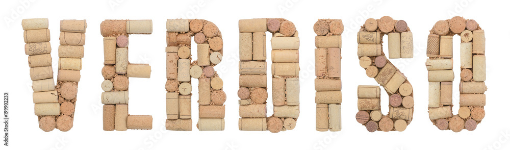 Grape variety Verdiso made of wine corks Isolated on white background