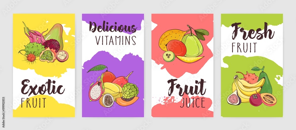 Collection of poster of flyer templates with piles of delicious ripe fresh juicy exotic tropical fruits against bright colored paint stains or blots on background. Colorful vector illustration.