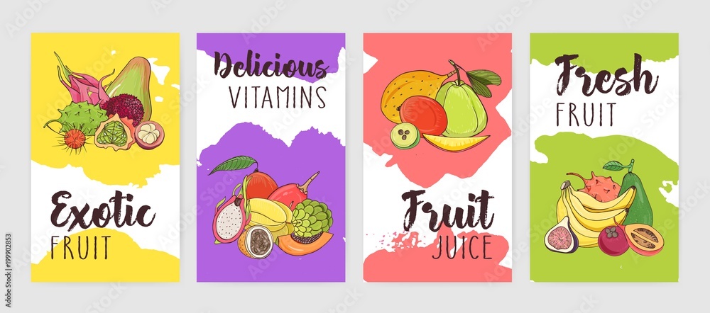Collection of poster of flyer templates with piles of delicious ripe fresh juicy exotic tropical fruits against bright colored paint stains or blots on background. Colorful vector illustration. Collection of poster of flyer templates with piles of delicious ripe fresh juicy exotic tropical fruits against bright colored paint stains or blots on background. Colorful vector illustration.