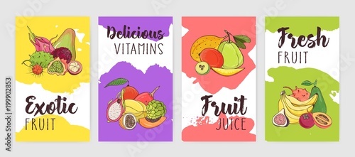 Collection of poster of flyer templates with piles of delicious ripe fresh juicy exotic tropical fruits against bright colored paint stains or blots on background. Colorful vector illustration.