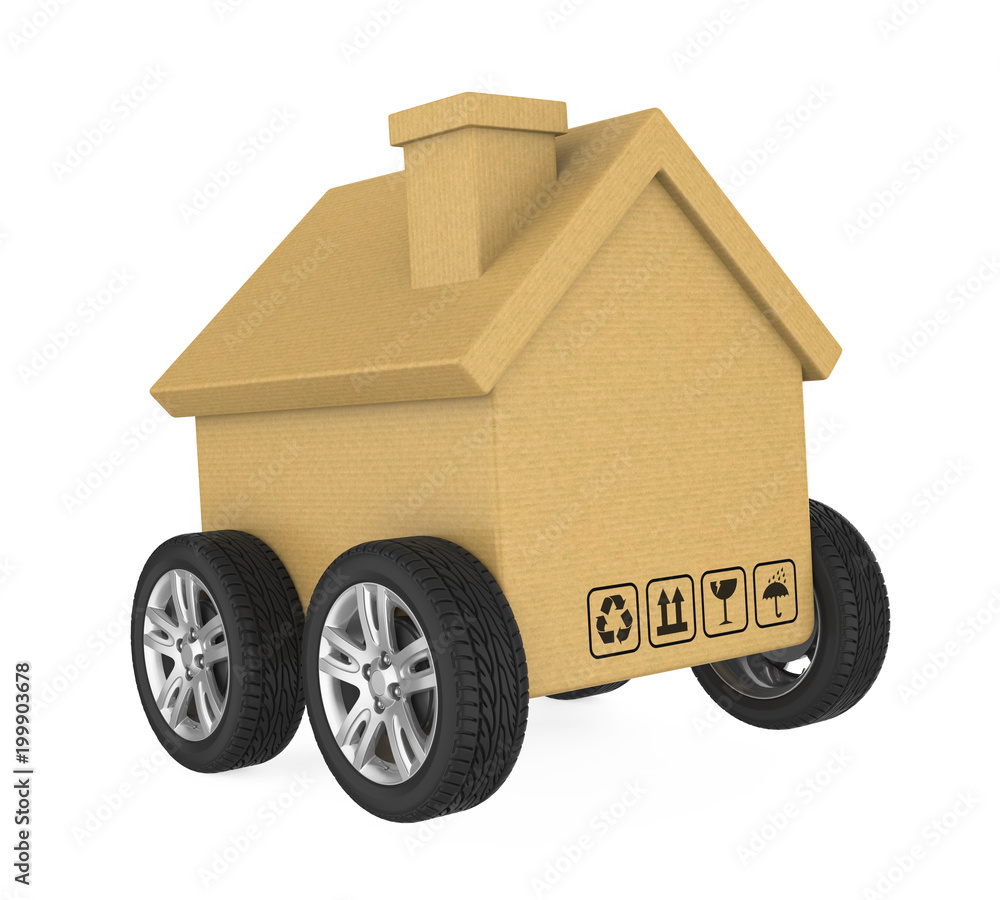 Cardboard Box House on Wheels Isolated (Moving House Concept) Cardboard Box House on Wheels Isolated (Moving House Concept)