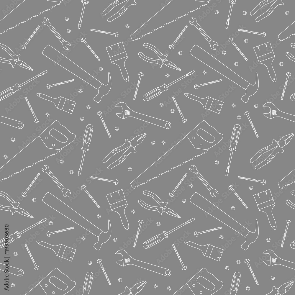 Gray and white home repair and house renovation seamless pattern with construction work tools. Hand instrument: hammer, screwdriver, spanner, wrench, pliers, vector Gray and white home repair and house renovation seamless pattern with construction work tools. Hand instrument: hammer, screwdriver, spanner, wrench, pliers, vector