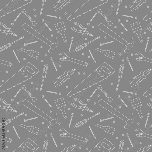 Fototapeta Naklejka Na Ścianę i Meble -  Gray and white home repair and house renovation seamless pattern with construction work tools. Hand instrument: hammer, screwdriver, spanner, wrench, pliers, vector