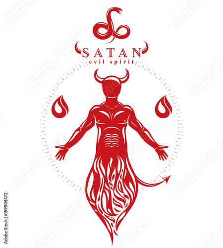 Vector illustration of human, horned frightening creature made with bird wings. Evil spirit, flame demon.