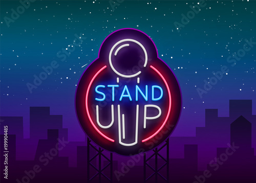 Stand Up Logo in Neon Style. Comedy show is neon sign, symbol, an invitation to a comedy performance, bright banner, neon poster, nightlit advertising for your projects. Vector illustration