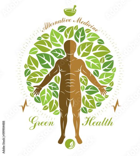Vector graphic illustration of strong male composed with green tree leaves and mortar and pestle. Raw food diet concept, no gm theme.