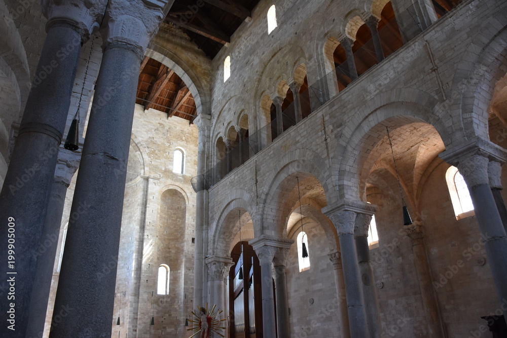 Italy, Puglia, Cathedral of Trani, a messenger monument of a UNESCO culture of peace, is a splendid example of Apulian Romanesque architecture. Internal aisle.
