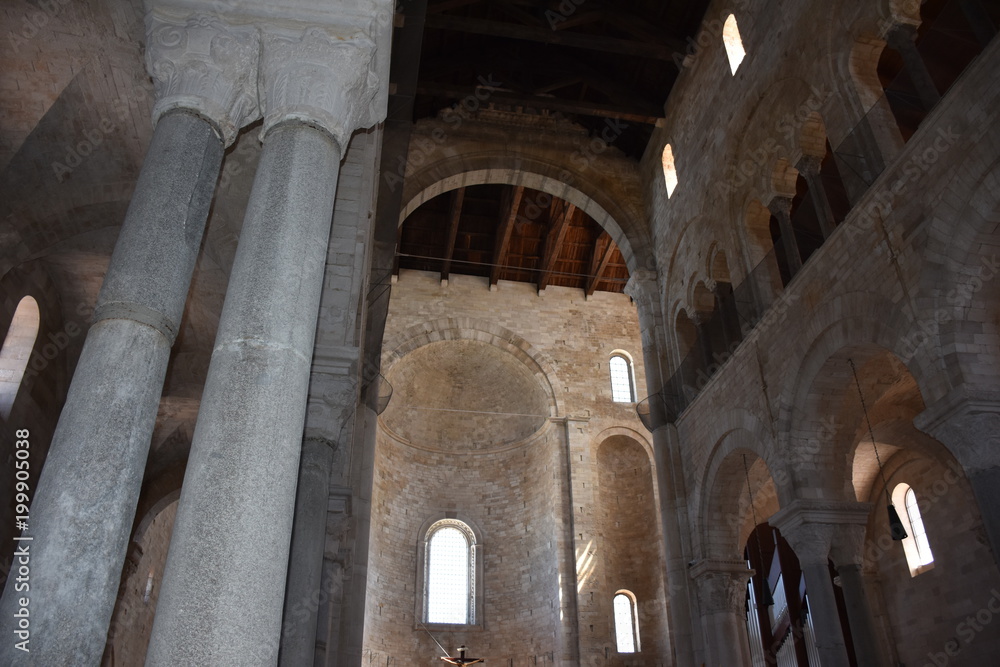 Italy, Puglia, Cathedral of Trani, a messenger monument of a UNESCO culture of peace, is a splendid example of Apulian Romanesque architecture. Internal aisle.