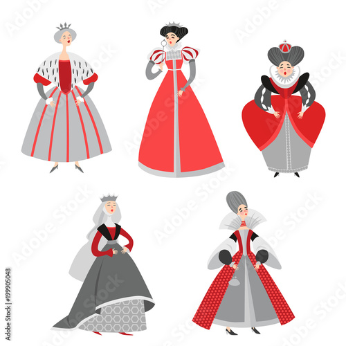 Set of vector illustrations of funny cartoon queens in historical costumes. Isolated fairy tale characters on a white background