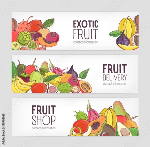 Collection of horizontal banners decorated with piles of ripe juicy exotic tropical fruits on white background and place for text. Colorful vector illustration for vegan food delivery service promo.