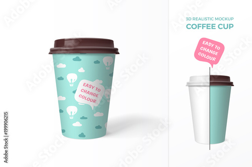 Vector 3d realistic mockup of coffee cup with clouds and balloons pattern. Isolated from the background. Easy to change colour.