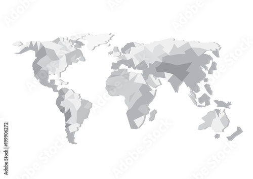 Flat design vector world map silhouette isolated on white background. Europe, Asia, Australia, Africa and America continents isolated on white background.