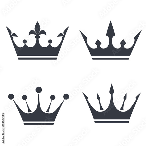 Monochrome set vintage crown in silhouette style. Old heraldic icons simple shape, for graphic design of logo, emblem, symbol, sign, badge, label, stamp, isolated on white background.