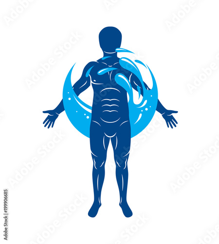 Vector graphic illustration of strong male, body silhouette surrounded by a water ball. Living in harmony with nature.