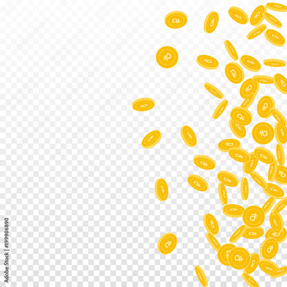 Russian ruble coins falling. Scattered small RUB coins on transparent background. Remarkable scatter right gradient vector illustration. Jackpot or success concept.
