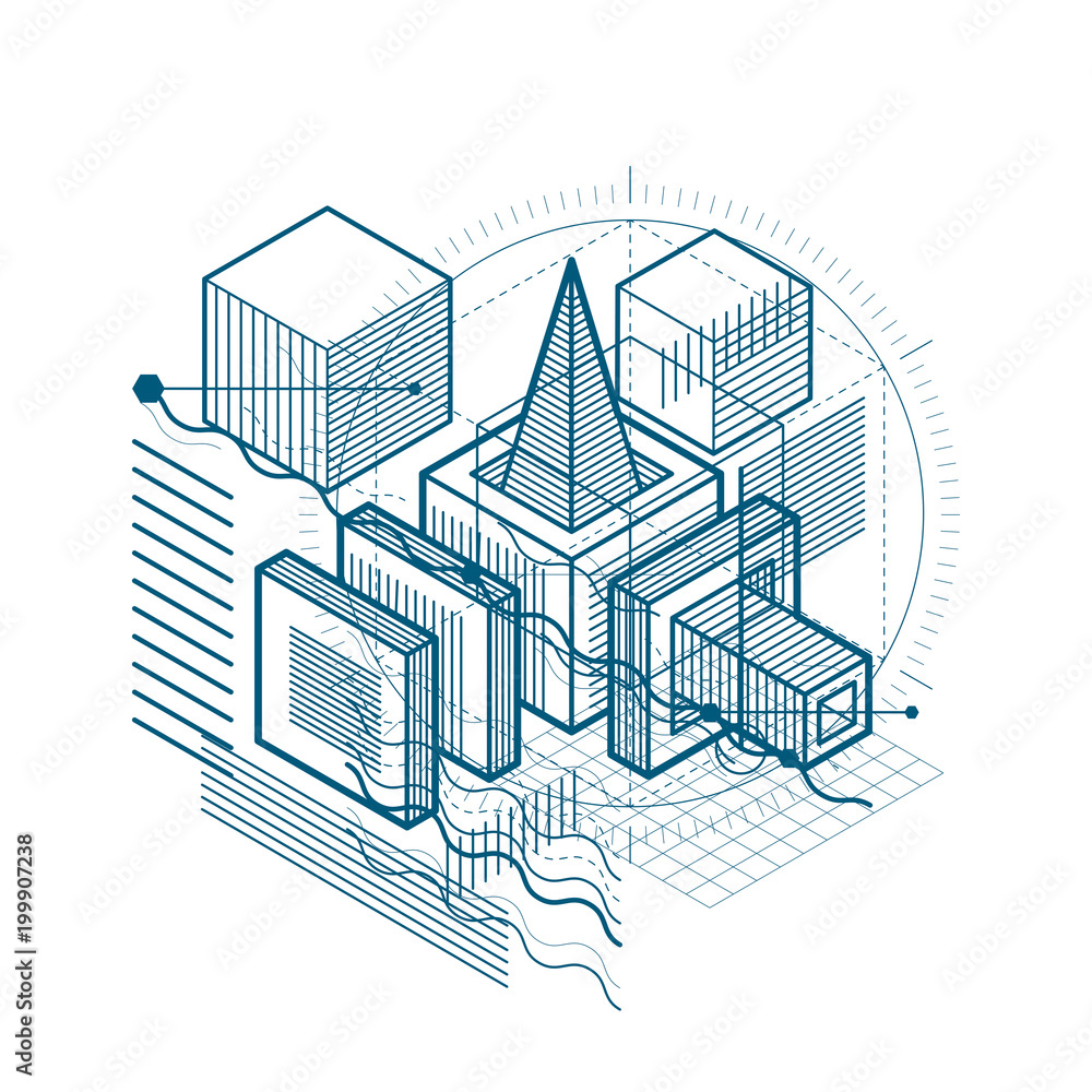 Fototapeta premium Isometric abstraction with lines and different elements, vector abstract background. Composition of cubes, hexagons, squares, rectangles and different abstract elements.