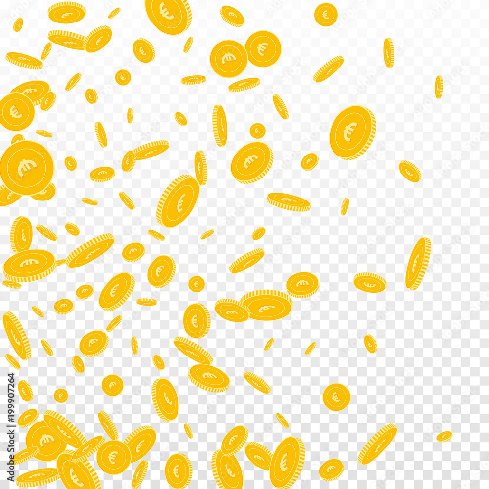 European Union Euro coins falling. Scattered disorderly EUR coins on transparent background. Wondrous left gradient vector illustration. Jackpot or success concept.