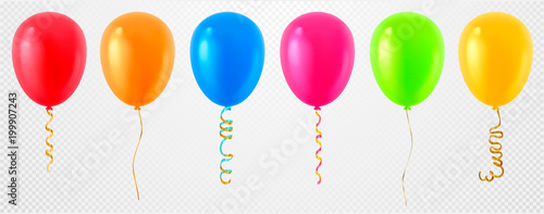 Collection of 3d realistic vector helium balloons (red, gold, yellow, purple, blue, green...) for birthday, party, celebration flying baloon design, isolated on transparent background, white.