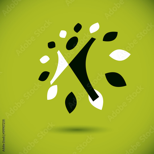 Vector illustration of excited abstract person with raised hands up. Go green idea creative logo. Vegetarian theme logotype. Wanderlust and countryside vacation icon.