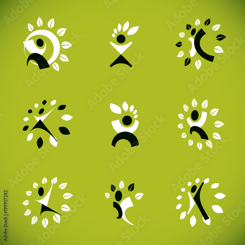 Collection of vector illustrations of happy abstract human with raised hands up. Phytotherapy metaphor, vector graphic emblem.