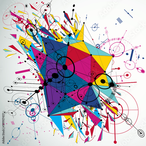 3d modernized Bauhaus style wallpaper created using low poly asymmetric demolished object and lines mesh. Futuristic abstract layout for business presentations and advertising posters.
