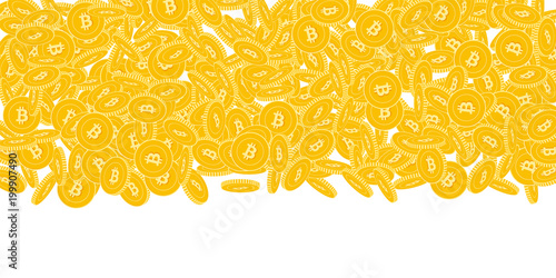 Bitcoin, internet currency coins falling. Scattered big BTC coins on white background. Elegant wide top gradient vector illustration. Jackpot or success concept.