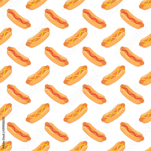 Hot dogs with sausage  tomato ketchup and mustard sauce seamless pattern. Pattern hot dogs on colored background.