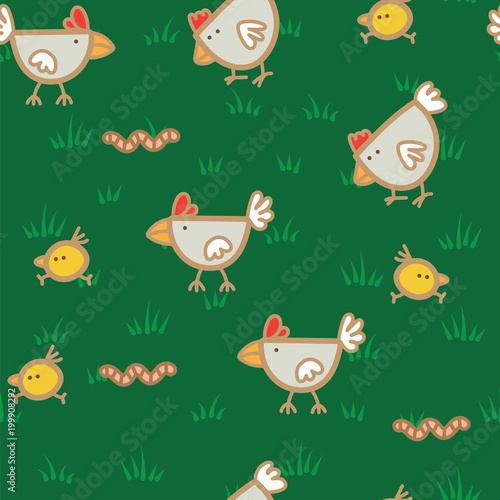 Pattern chickens walking on green grass and pecking worms background. Chicken pattern background.