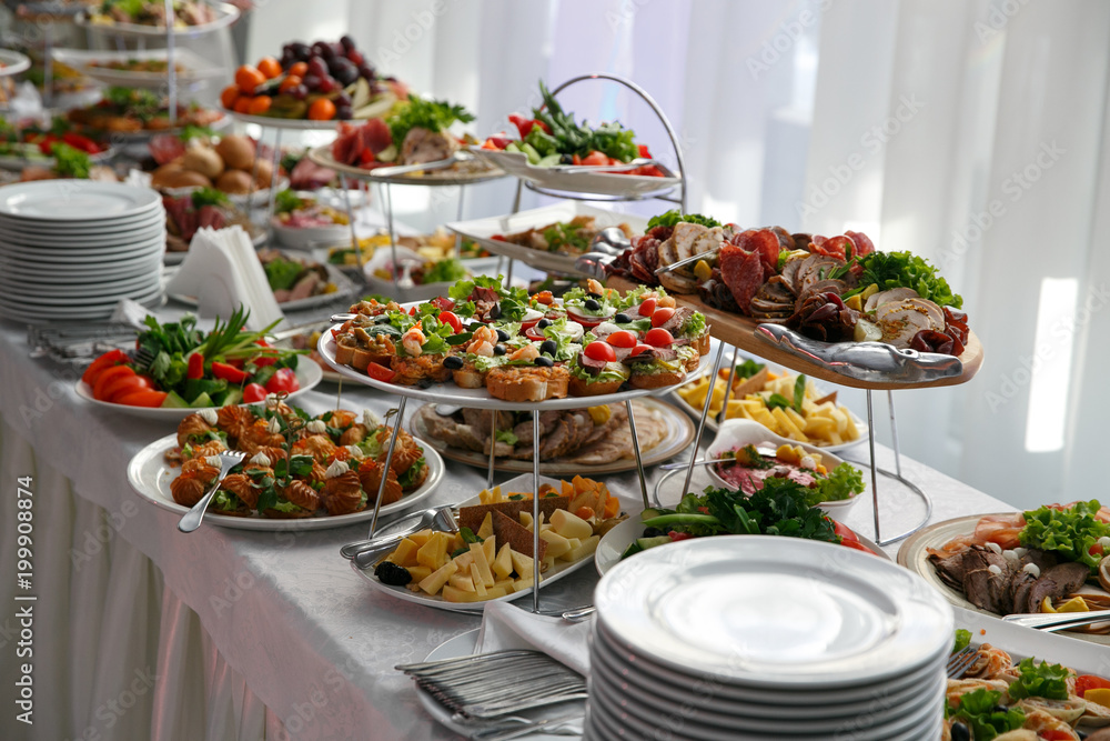 Catering Service Restaurant Table With Snacks Food At Event Stock 