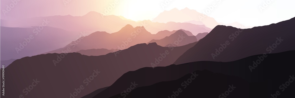 Pink and purple sunset in the mountains. Realistic vector illustration. - obrazy, fototapety, plakaty 