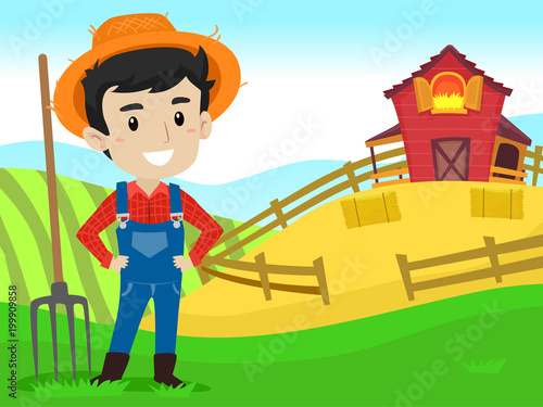 Vector Illustration of a Farmer with hay fork in Farm field Background