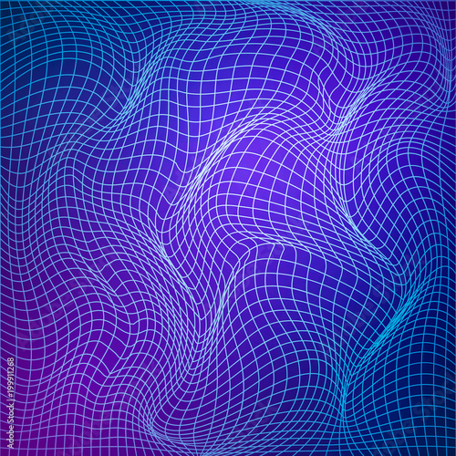 Abstract deformation of grid. Template of grid distort. Wavy mesh structure. Vector illustration isolated on blue background
