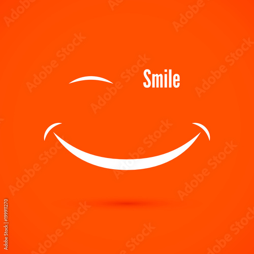 White smile icon on warm orange color background. Text smile instead of eye. isolated vector illustration