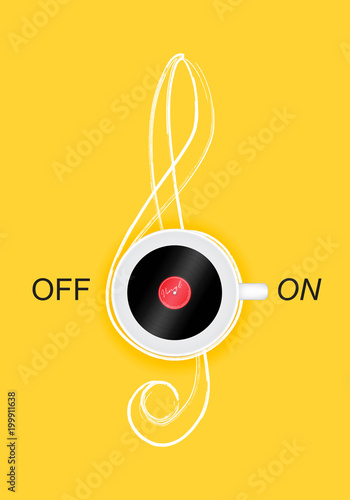 Top view of a cup of coffee with vinyl record inside and on off switcher with musical note on yellow background